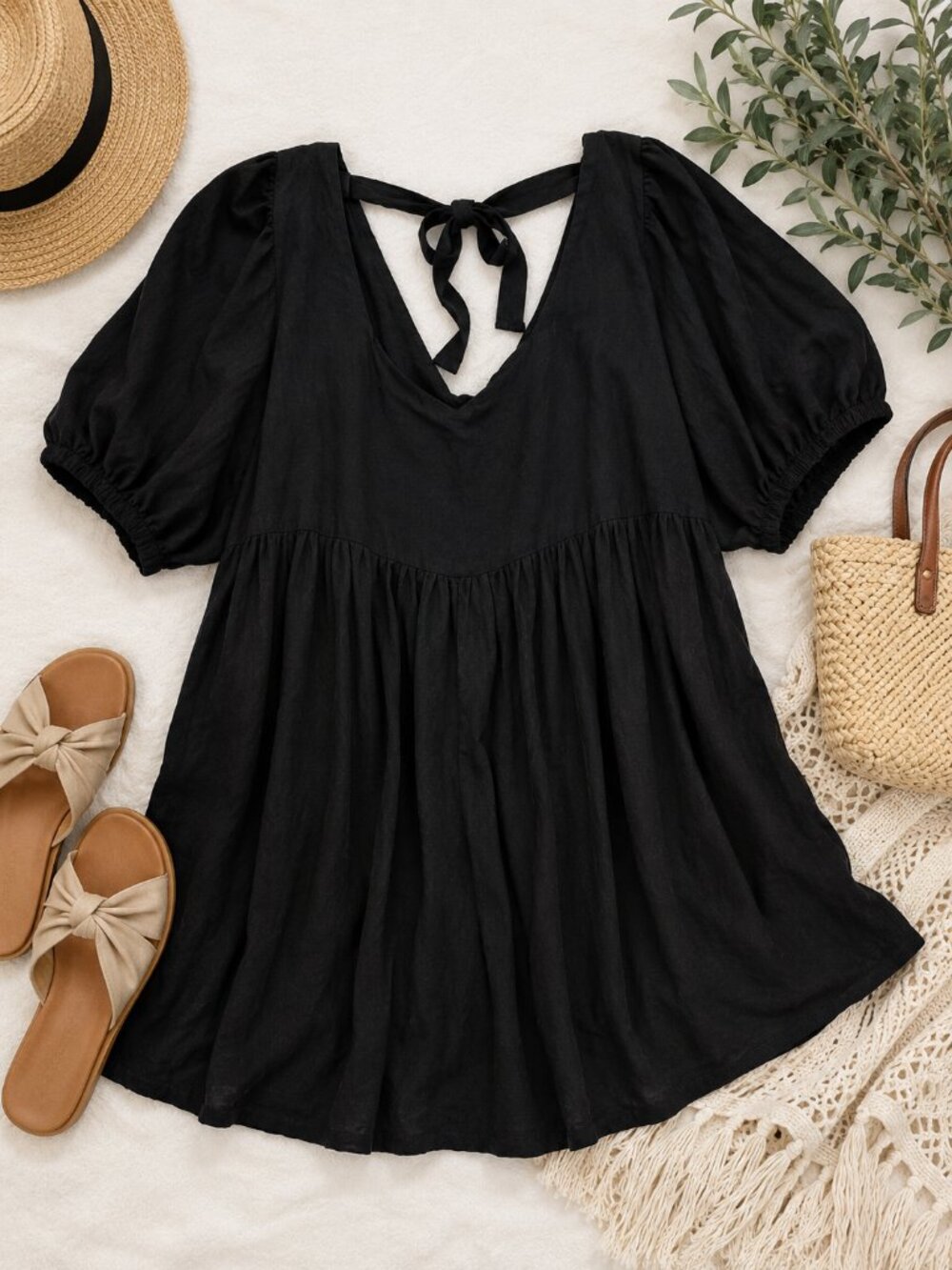 Arula Black Babydoll Mini Dress Puff Sleeve Tie Back Plus Size L/XL